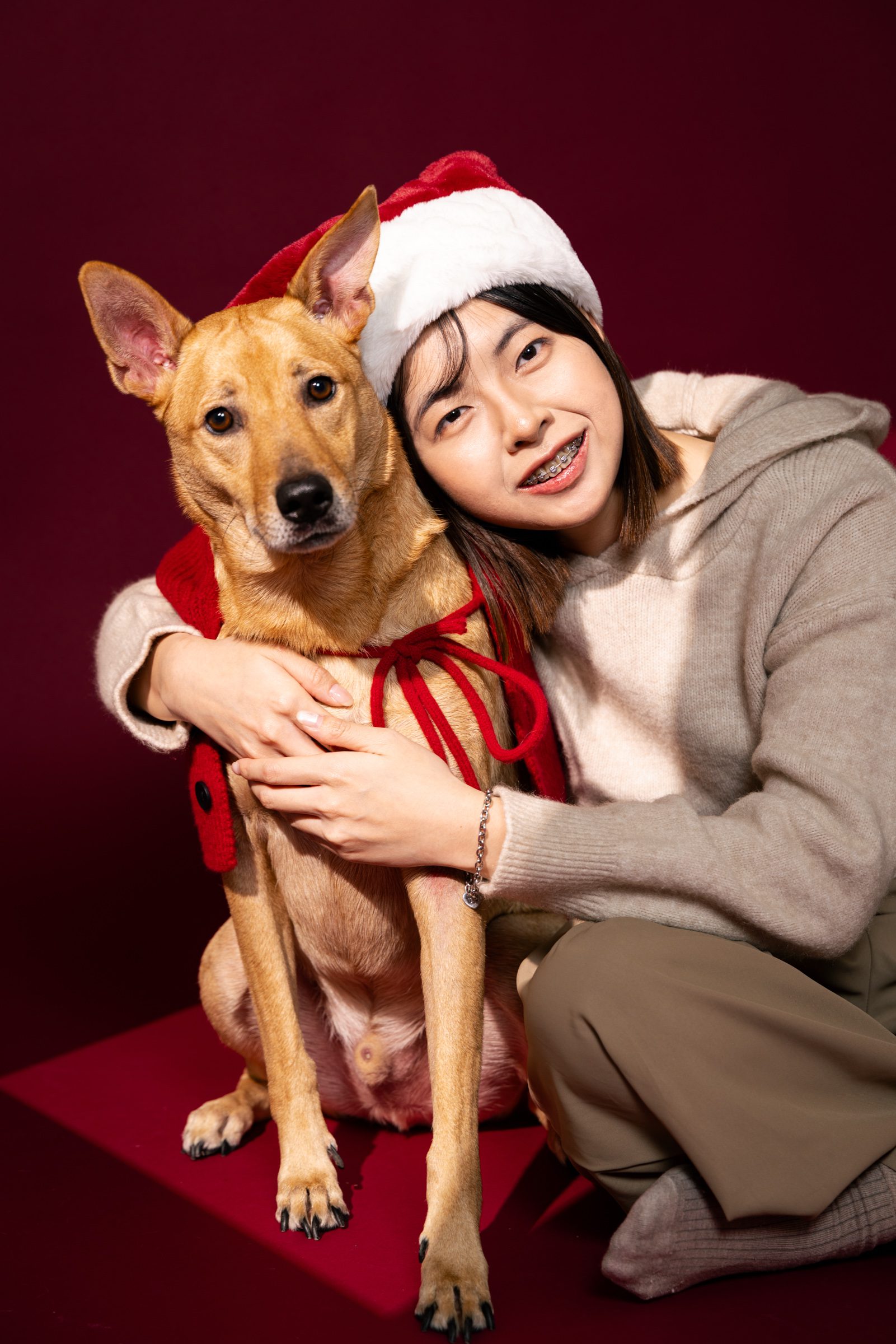 飼主與米克斯犬在酒紅背景前的合照，兩者都戴著聖誕帽。